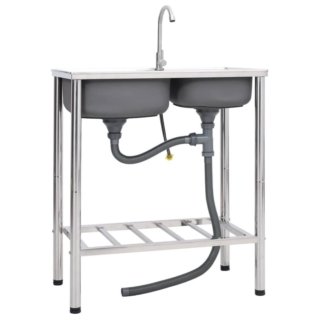 Fregadero de camping de acero inoxidable con doble lavabo, grifo y escurridor para exteriores, resistente a arañazos y golpes, apto para alimentos, repele la suciedad, fácil de limpiar, extraprofundo