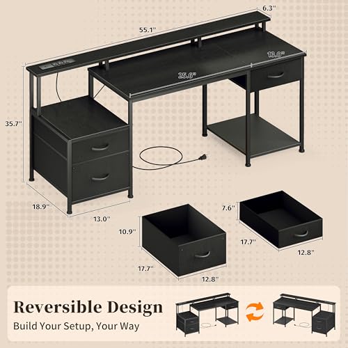 Image of Korfile 55 inch Computer Desk with File Drawer & Printer Space, Black