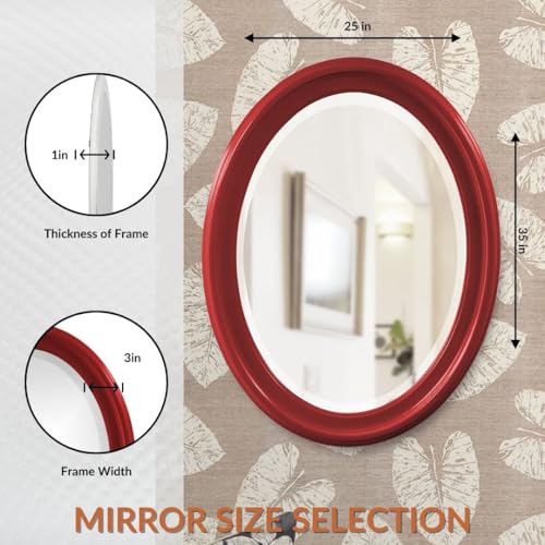 Image of Howard Elliott Collection George Oval Glossy Red Wall Mirror, Oval Bevelled Hanging Wood Framed Vanity Mirrors for Home Decor, Living Room, Bathroom, Bedroom, or Hallway, 25 x 33 Inch
