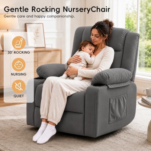 Image of Rocking Recliner Chair for Adults, 360 Swivel Rocker Recliner with Massage and Heating, Manual Glider Rocking Chair with Cup Holders for Living Room Bedroom Nursery (Grey)