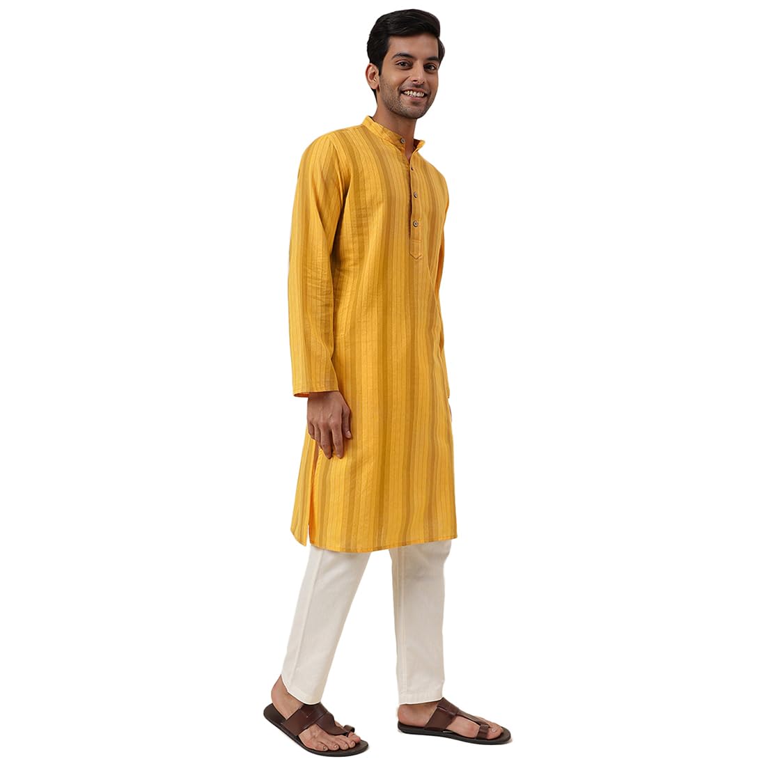 Fabindia Men's Cotton Striped Slim Kurta (1030817Yellow_Yellow