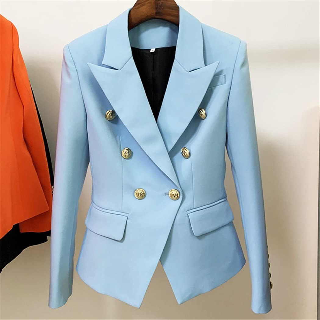 Haitpant Women Sky Blue Blazer Jacket Metal Buckle Double Breasted Gold Buttons Suit Blue Blazers Coat