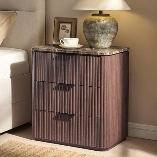 Image of 3 Sided Fluted Nightstand with Faux Marble Top, Mid Century Modern