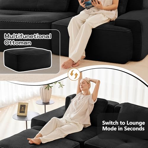 Image of 153 inch U-Shaped 4-Seater Modular Boneless Couch with 2 Ottomans, Premium Corduroy Upholstery, Deep Seat Cloud sectional Sofa, No Assembly Anti-Slip Design, Black