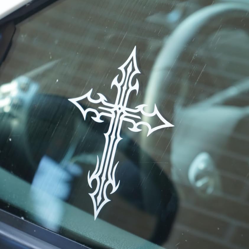 Gothic Cross Sticker 5x3.6 - Car Sticker Vinyl Decal | Free Sticker in Every Order! | Windows Laptops Etc (Gloss White)