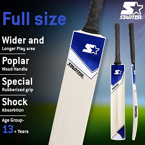 Image of Starter Poplar Willow Cricket Bat with Poplar Handle Wood for Tennis Ball- 13+ Years Kids- Full Size - Blue & White