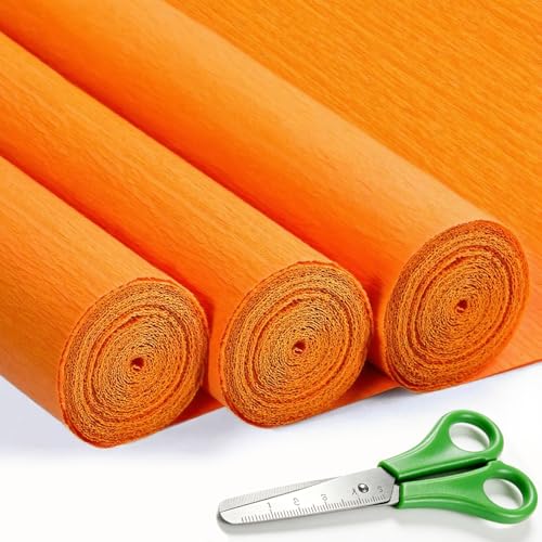 3 Rouleaux de Papier Crépon Orange - 43 x 250cm, DIY Flowers Crafts, Papier Crepon pour Fleurs Pliées à la Main, Mariages, Fêtes d'anniversaire,...