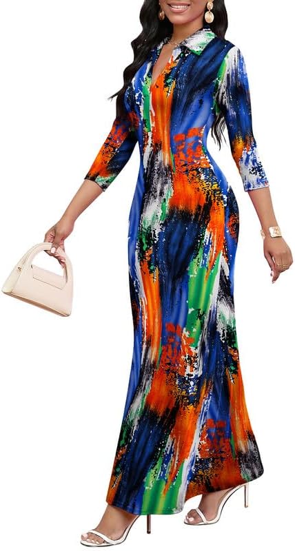 Maxi Dresses for Women Casual V Neck 3/4 Sleeve Bodycon Long Party Holiday Dress Semi Formal Outfits