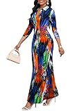 MarryUP Maxi Dress for Women, Casual Summer V-Neck 3/4 Sleeve African Floral Printed Party Long Dress Tie Dye Blue Green XL