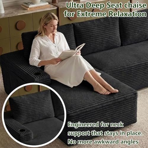Image of 104.3 inch Modular Sectional Sofa,Modern Corduroy Cloud Couch with Cup Holder & Side Pockets,Boneless Couch Upholstered 3-Seater L-Shaped Sofa for Living Room,No Assembly (Black, Left-Facing Chaise) | with Cup Holder