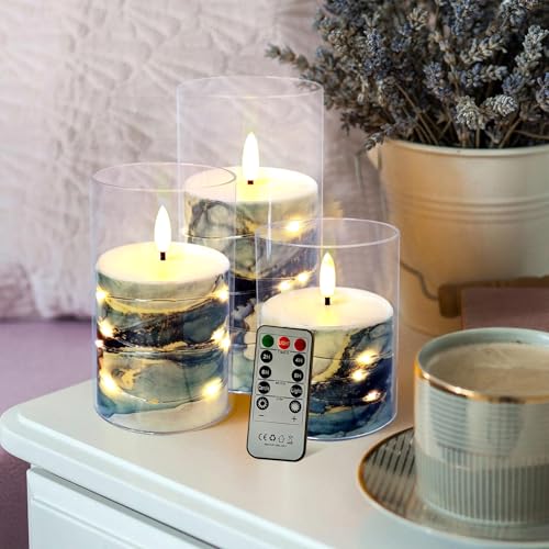 Image of Flickering Flameless Candles Dark Blue Marble Embedded Star String Lights, Battery Operated Acrylic LED Pillar Candles with 11-Key Remote and Timer for Home Decoration, 3 Pack