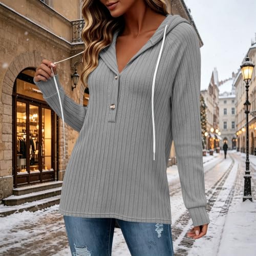 ENCURKUS Women's Sweatshirt Dress Casual V Neck Hooded Button Up Sweaters - image 2