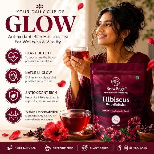 Image of BREW SAGE Hibiscus Herbal Tea | SUPPORTS HEART HEALTH & Helps Maintain Blood Pressure | GLOWING SKIN | Anti-Inflammatory Antioxidant | Caffeine Free Sugar Free | Vegan GMP Certified | 30 Tea Bags