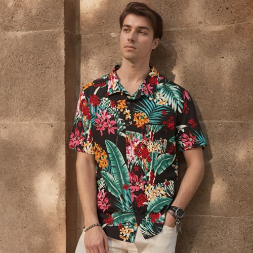Image of Men's Hawaiian Shirt Tops Vintage Short Sleeve Button Down Beach Shirt Male Tropical Floral Summer Pullover Party Holiday