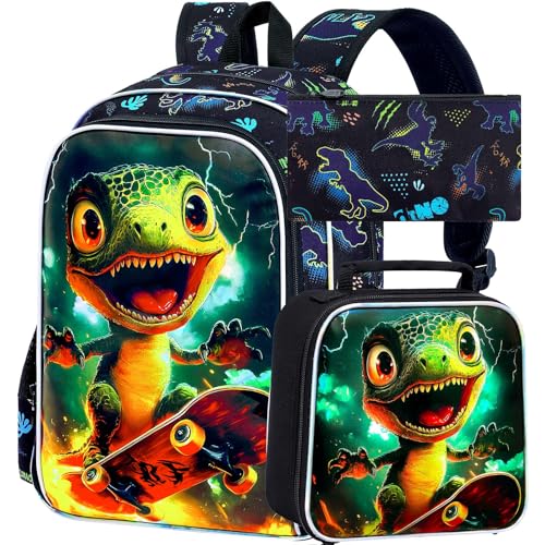 Image of 3Pcs Dinosaur Backpack, Boys Kids Bookbag with Lunch Box, 16 inch Dino School Backpacks for Elementary Preschool Kindergarten (Black)