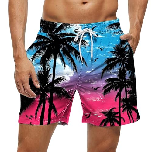 Men Floral Graphic Shorts Elastic Waist Summer Beach Swim Trunk Lightweight Loose Fit Stretch Short Pants