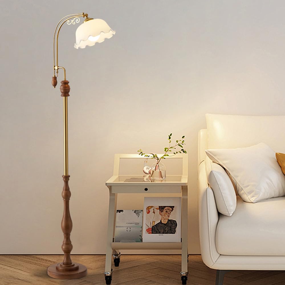 HGJHJJHK Contemporary Glass Floor Lamp 66.1" Arc Wooden Floor Light Walnut Tall Lamp with E26 Dimmable Flower Glass Standing Light for Sofa Area Living Room Bedroom Villa
