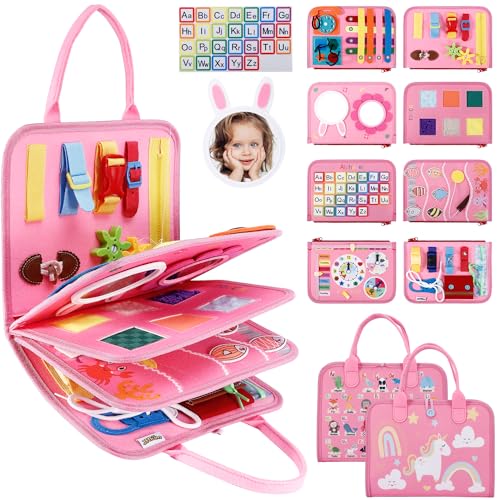 Image of JHkim Busy Board for Toddlers, Sensory Board Travel Toys Gifts for 1 2 3 4 Year Old Girls Boys, Montessori Toys to Learn Fine Motor Skills, Educational Activities Busy Book for Airplane Car (Pink)