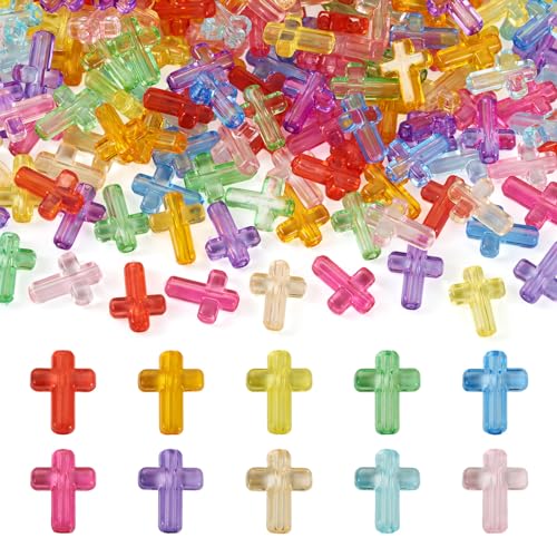 FASHEWELRY 200Pcs Candy Color Acrylic Cross Beads Clear Small Crosses Spacer Beads Transparent Acrylic Pony Bead Cute Bead Bulk for Bracelet Necklace Jewelry Making