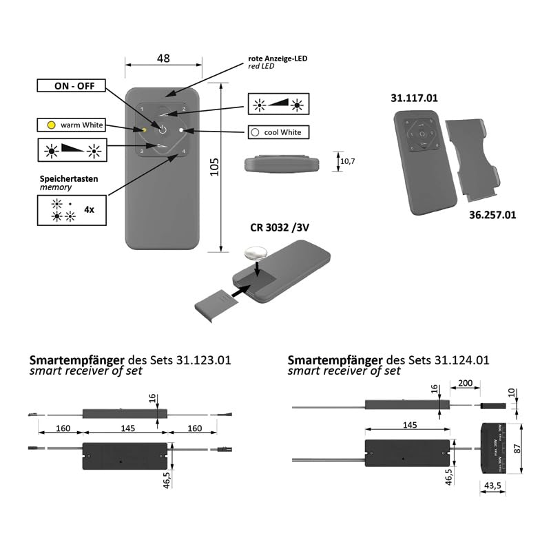 1-Kanal Funk-Schalter/Dimmer S-Mitter Basic MultiWhite² Smart, Schwarz, TRIAC, Druckknopf, Automatik