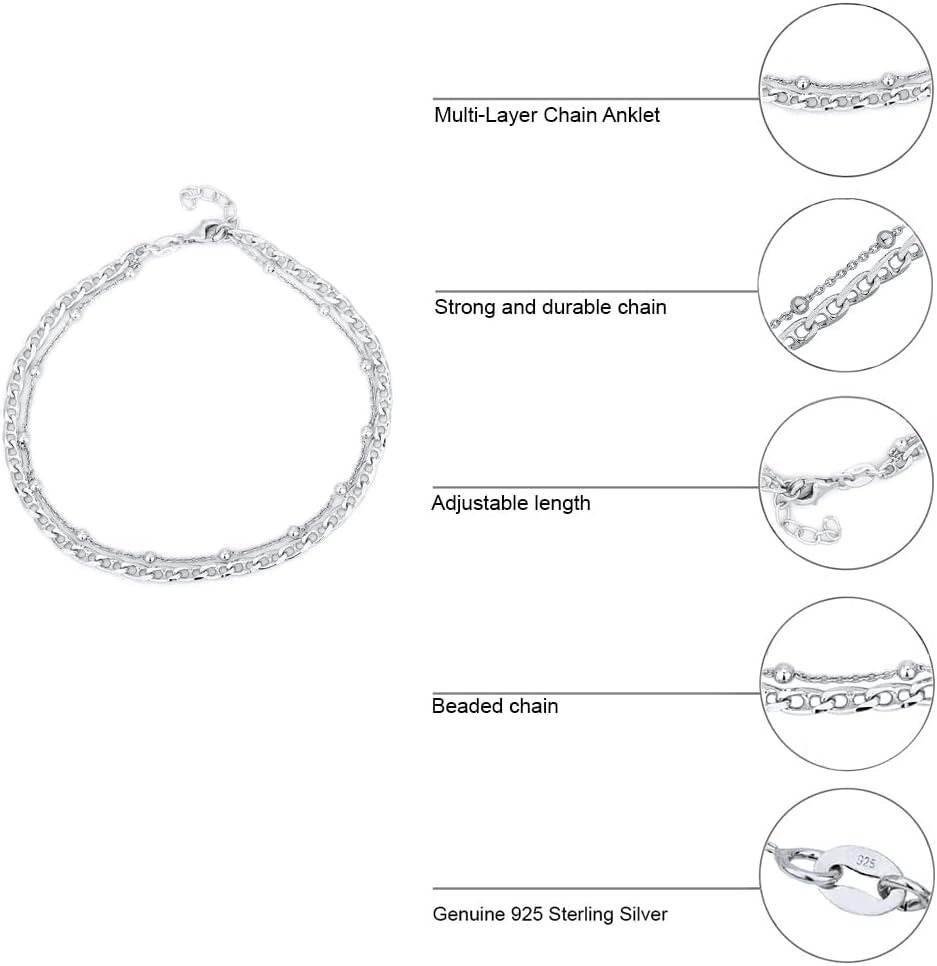 Vanbelle Sterling Silver Jewelry - Rhodium Plated 925 Stamp - Double Layered Beaded Chain Anklet - Foot Jewelry Stylish Beautifully Designed - 9" Long + 1" Extender - Image 5