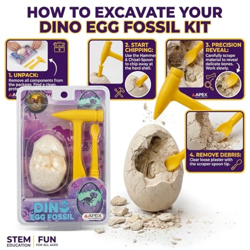 Image of APEX Dinosaur Egg Dig Kit 1 Surprise Dino Fossil Excavation Toy for Kids 5+ with Digging Tools STEM Educational Discovery Science Activity Gift Boys and Girls
