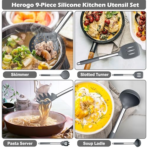 Herogo Kitchen Utensils Set, 9-Piece Silicone Cooking Utensil with Stainless Steel Handle, Heat Resistant Kitchen Cooking Spatula Turner Spoon with Holder, Non-Stick, Easy to Clean - Grey - Image 6