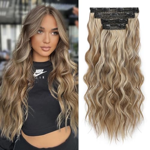 REECHO Clip in Extensions, 4PC Hair Extensions Clip in Haarverlängerungen 60 cm Dicke Lange Strandwellen Haarteile Unsichtbare Spitze Natürliche weiche Haarteile (Dunkles Aschbraun mit Strähnchen)