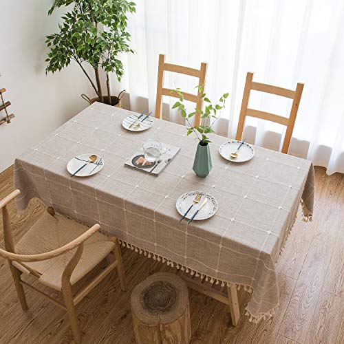Mokani Washable Cotton Linen Solid Embroidery Checkered Design Tablecloth, Rectangle Table Cover Great for Kitchen Dinning Tabletop Buffet Decoration (55 x 94 Inch, Brown)