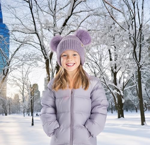 Funky Junque Kids Beanie with Earflaps Faux Fur Double Pom Pom, Warm Winter Beanies for Girls, Toddlers, Children Ages 1-64