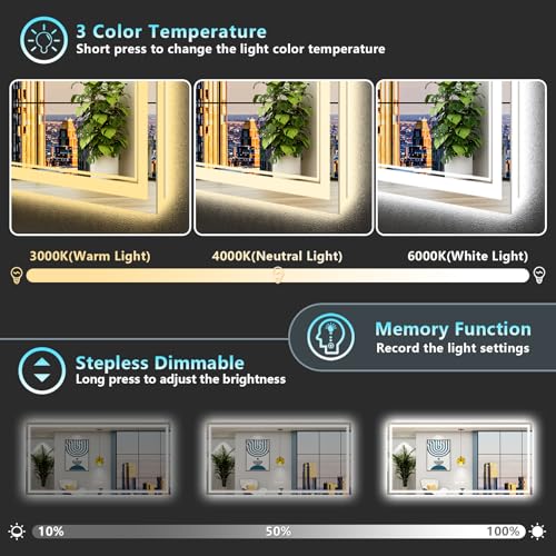 Image of 77x36 LED Bathroom Mirror with Lights, Backlit and Front Lit Anti-Fog Lighted Vanity Mirrors for Bathroom Wall, Dimmable, 3-Color Light, Memory, Shatter-Proof, HD Tempered Glass, CRI>90