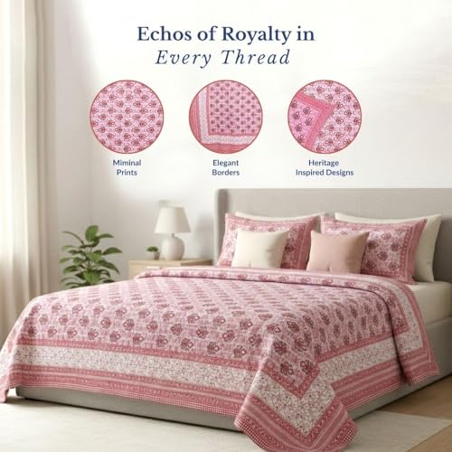 Image of Jaipur Weaves Jaipuri Double Bed Cotton Bedsheet Queen Size 90x85, 120 TC 100% Pure Cotton Bed Sheet with 2 Pillow Covers, Floral Traditional Print (Pink Buta, Double)