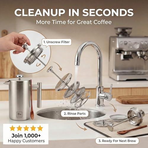 Image of Barista Warrior French Press Coffee Maker - Double-Wall Stainless Steel Insulated French Press with Built-In Thermometer, Dual Filters Coffee Maker with Wooden Spoon - Silver