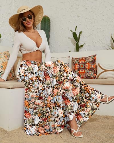 Women's Chiffon White Flowy Maxi Skirts Boho Fall Elastic Waisted Pleated A Line Long Skirt for Women 20253