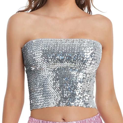 duaicnvow Blusa con purpurina para mujer, blusa brillante con purpurina, para fiesta, discoteca, túnica, elegante, de manga corta, cuello redondo, elegante, para fiesta, club, ropa elegante, plata, S