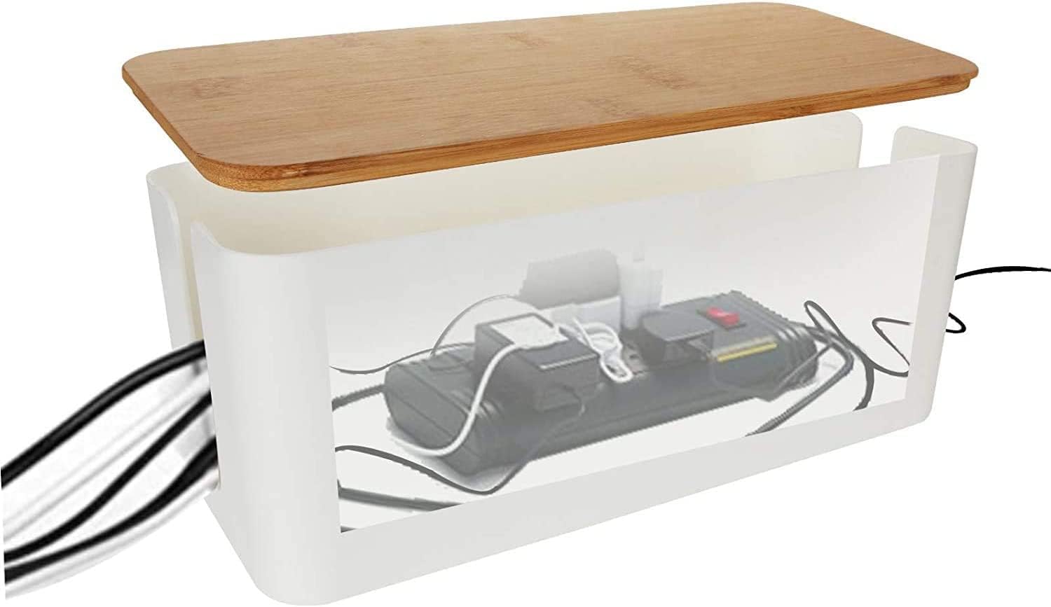 ASelected 3 Piezas Caja Organizadora Cables Tapa Madera Tapa Bambú Blanco | Organizador de Cables para Escritorio, Salón y Dormitorio, Caja para Esconder y Ocultar la Regleta con Bridas