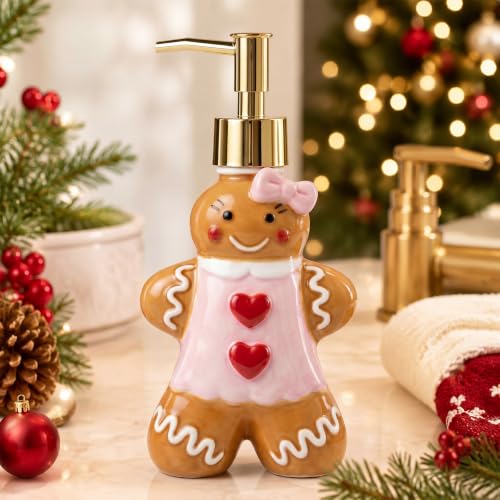 Vicenpal 10 oz Christmas Gingerbread Man Soap Dispenser Hand Painted Ceramic Pink Gingerbread Man Soap Dispenser with Pump Dish Liquid Bottle Refillable Christmas Countertop Decor for Bathroom Kitchen
