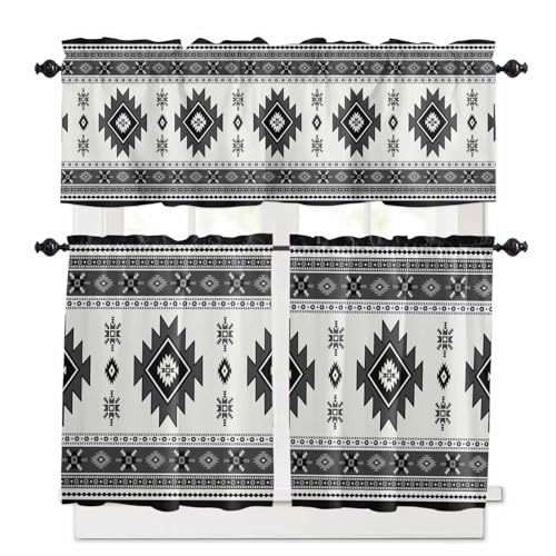 Gray Boho Kitchen Curtains 36 Inch Length,3 Piece Rod Pocket Small Half Tiers and Valance Set,Southwest Aztec Country Geometric Aesthetic Small Large Window Treatment Decor for Bedroom/Bathroom Sink