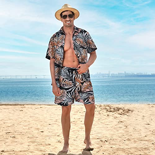 Manluodanni Mens Hawaiian Print Tracksuits Floral Short Sleeve Button Down Shirt Suit, A09-L #TOP2