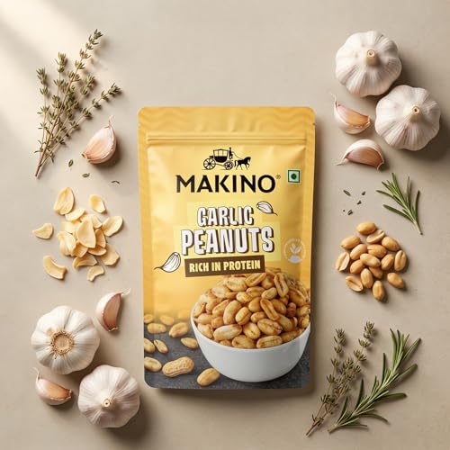 Image of Makino Garlic Roasted Peanuts | Premium Raw Roasted Peanut Snacks | High Protein in Fiber | Gluten Free, Zero Cholesterol | Not Fried Only Roasted Peanuts | Natural Peanuts from Gujrat, No Trans Fat |