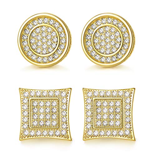 Jstyle 14K Gold Iced Out Cubic Zirconia Stud Earrings for Men Women Square Round CZ Earrings Piercing Studs Hip Hop Jewelry with Gift Box