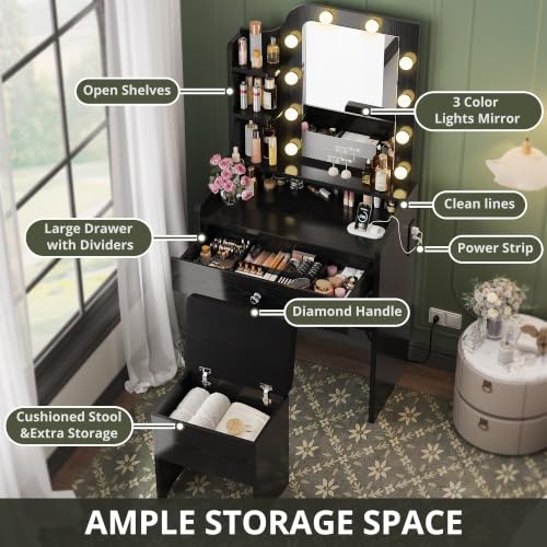 Image of LIKIMIO Small Vanity Desk with Mirror Lights and Storage Stool, Black