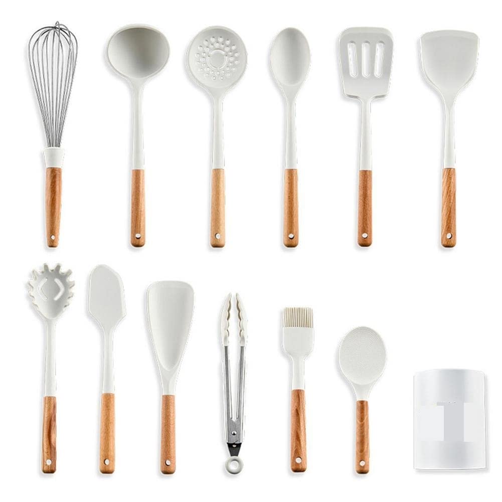 Ensemble d'ustensiles de cuisine en silicone blanc laiteux et manche en bois premium
