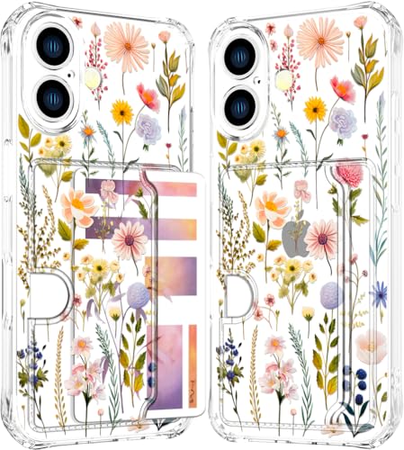Coque iPhone 16 Plus porte-carte femme style kawaii floral pour le quotidien