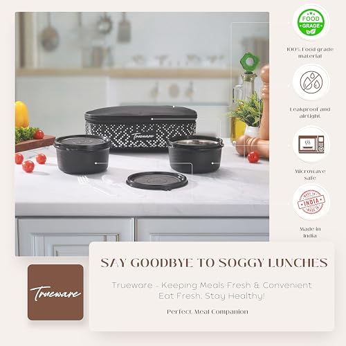 Image of Trueware Omaga Lunch Box with Insulated Fabric Jacket, 2 Microwave Safe & Leak Proof Inner Stainless Steel Containers 400ml Each Tiffin for Office, College
