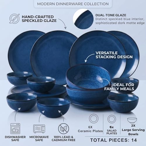 Image of Freakway Ceramic Dinner Set, Blue Reactive Glaze, 14 Pieces, Round, Includes Plates and Bowls