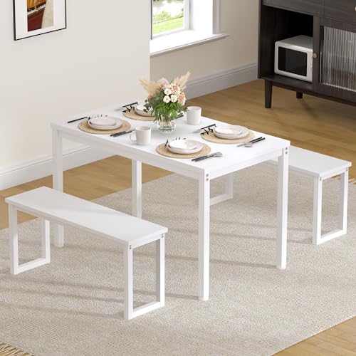 SDHYLDining Table Set, 45in Dining Table Sets with 2 Benches, Dining Room Table Set for 3, Small Rectangular Wood Dining Table with 2 Bench Chairs/3 Piece Set for Home, Kitchen, Dining Room, White