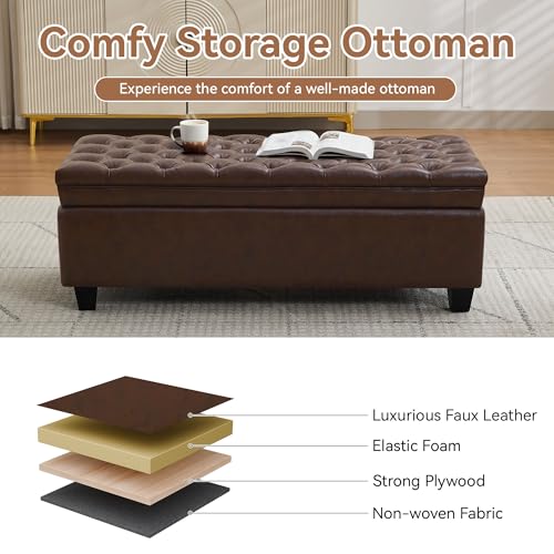 Image of WUTUTUEE 50 inch Faux Leather Storage Ottoman Bench, Upholstered Rectangle Storage Ottoman End of Bed Tufted Living Room Bedroom Bench with Safety Hinge, Solid Wood Legs, Loads 500 lb(Dark Rrown)