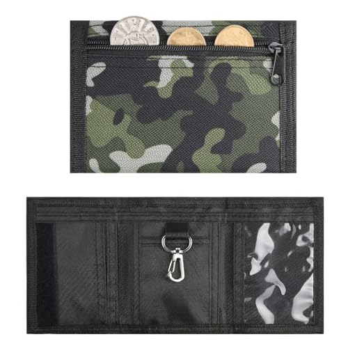 Carteira dobrável com estampa de camuflagem.