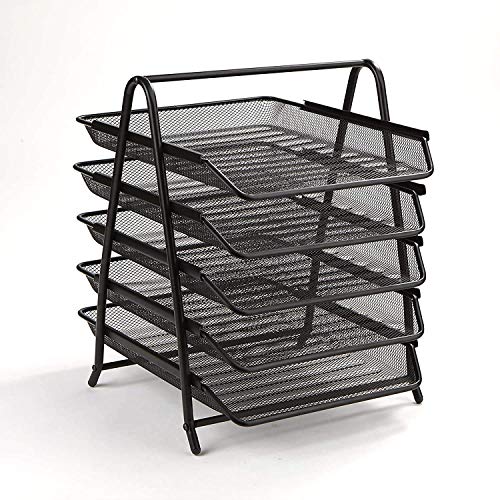 Image of PRANIJ Metal Mesh 5 Tier Desk Organiser A4 Paper File Rack Letter Tray Document Holder For Office, Black